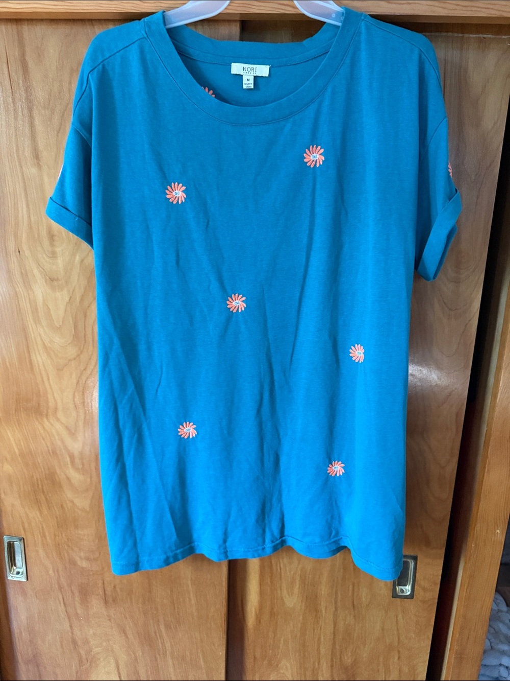 Kori Bright Teal Tee with Coral Daisy Embroidery